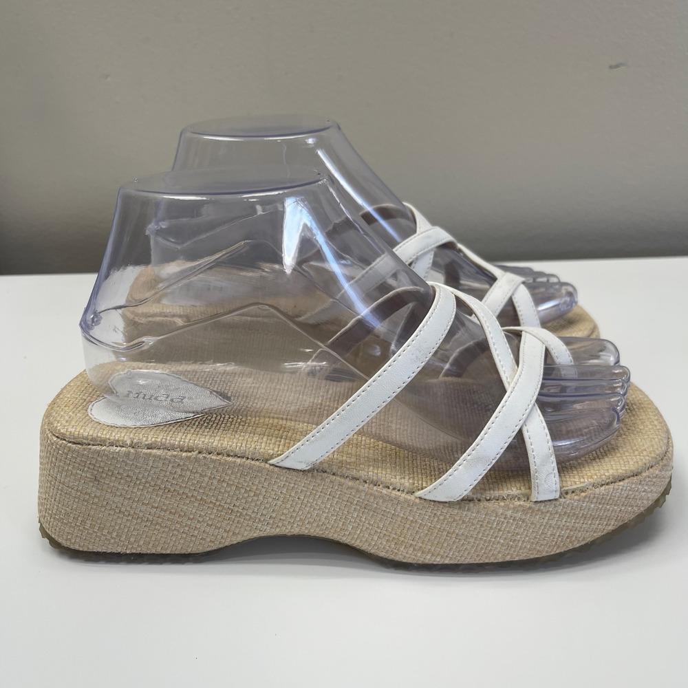 Mudd Vintage Y2K Platform Sandals Womens 7.5 White Strappy Wedge Raffia Boho